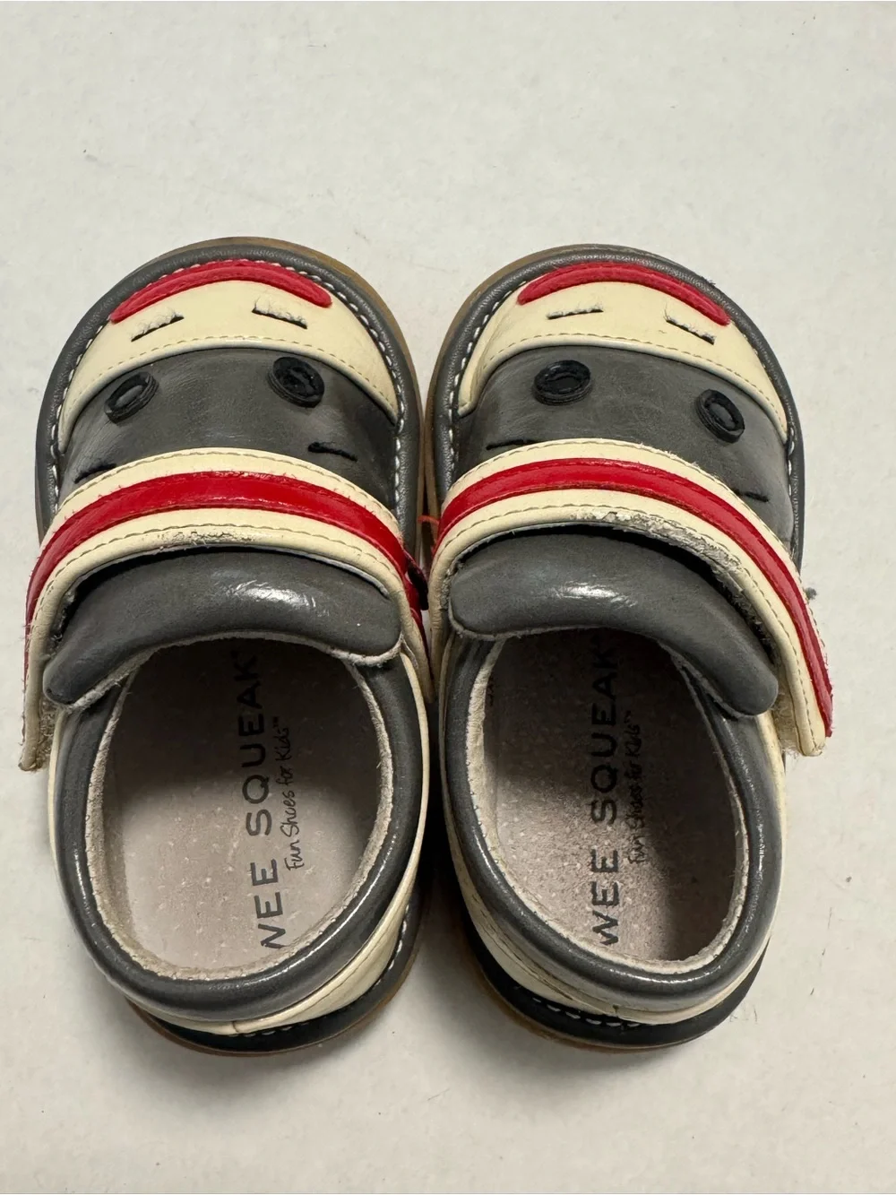 Wee Squeak Kids Grey and Cream Monkey Face Velcro Shoes 6/22